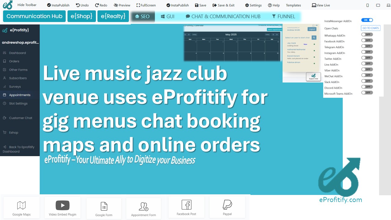 Live music jazz club venue uses eProfitify for gig menus chat booking maps and online orders